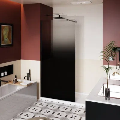 Hanni 34 In W X 72 H Fixed Shower Door, Black Gradient Tempered Glass, Stainless Steel Rod, Easy To Instal