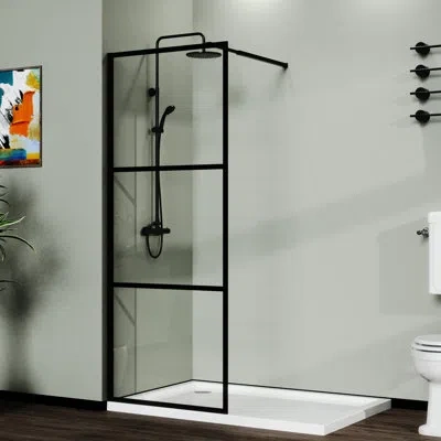 Hanni 34" Shower Screen Door , Black - Clear Tempered Glass Adjustable Support For Wall Easy Installation 