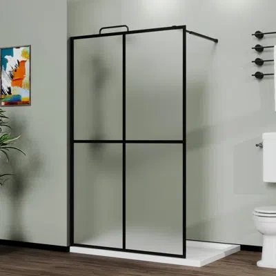 Hanni 34" X 72" Shower Screen For Walk-in - Frosted Tempered Glass, Black Frame Strap Glass Door Paint Mou