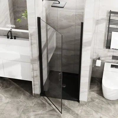 Hanni 34"x72" Pivot Shower Enclosure, 1/4" Tempered Glass, Black, Semi-, Waterproof With Strips, Handle, 1 In Matte Black