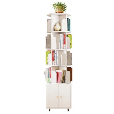Hanni 360 Degree Rotating Design 5 Tier Corner Bookshelf With Drawer, White Wood Narrow Book Shelf Organiz