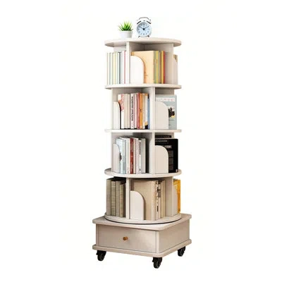 Hanni 360 Spinning Bookshelf With Wheels, Stable Base And Drawer, Suitable For Home Office Storage - Warm  In White