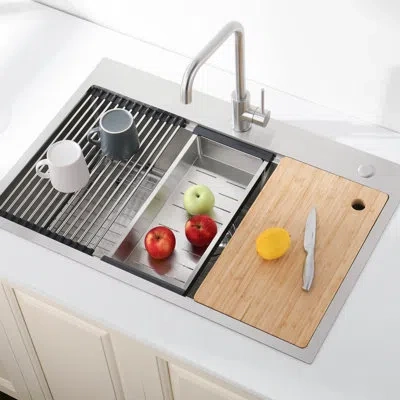 Hanni 36"x22" Stainless Steel Overmount Sink, Single Bowl, Scratch- Surface, With Drainage Basket And Roll In Silver