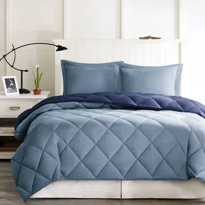 Hanni 3m Comforter With King Shams And Diamond Quilting Warm Reversible In Navy+light Blue
