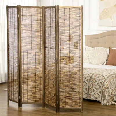 Hanni 4 Panel Privacy Screen, 5.5 Ft Portable Folding. Hand-woven , Wood, For Pantry Room Divider Panel, P In Brown