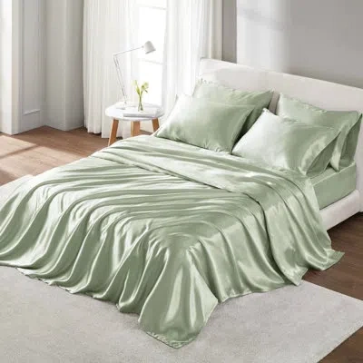 Hanni 4 Pcs Luxury Twin Sage Satin Sheet - , Smooth & Silky, Gentle On Hair, Wrinkle , Comes With Pillowca