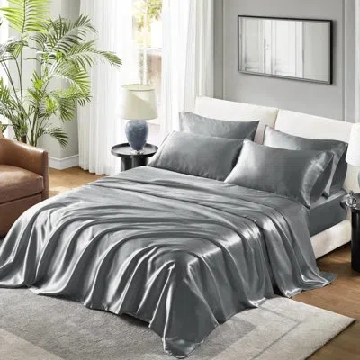 Hanni 4 Pcs Twin Luxury Grey Satin Sheet - Wrinkle , Reduces Frizz, , 1 Flat Sheet, Fitted 39"w X 75"l + 1