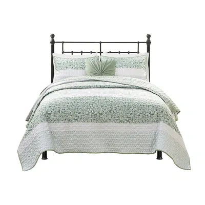 Hanni 4 Piece Bed - Seersucker, Bedding, Elegant Look Seersucker Quilt, Botanical Print, Pillow In Green