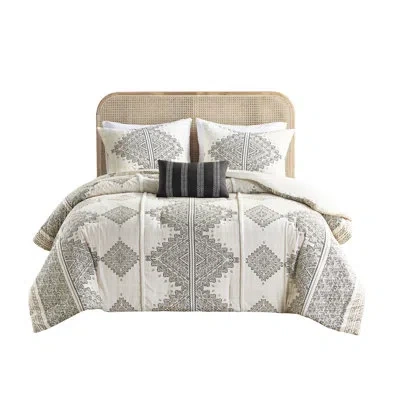 Hanni 4 Piece Comforter With Throw Pillow In Full/queen. Black/ Printed Microfiber. . Global Inspired Orna In Black+ivory