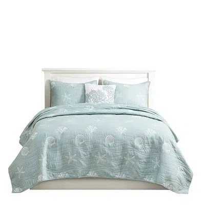 Hanni 4 Piece Cotton Quilt For King/ King . Embroidered Starfish & . . Prewashed. Easy Caretaking. Machine In Mint