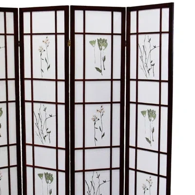 Hanni 4 Room Divider Screen 70" Tall, Cherry Wood With Asian Floral Art Tall Partition 4, Asian Traditiona