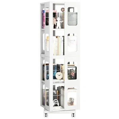 Hanni 4 Steel Rotating Bookshelf With 360 Wheels, And Spacious, White Color, Easy Assembly, Small Footprin