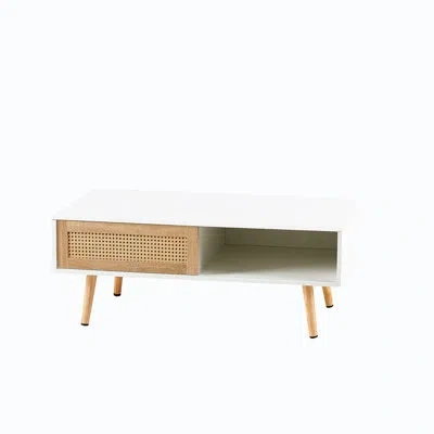 Hanni 40.51" Living Room Coffee Table With , Solid Wood Legs, White Sliding Door For Decoration Table, Whi