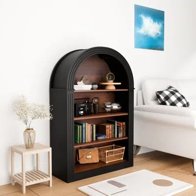 Hanni 45.66" Arched Wood Bookcase With 4 Shelves, Black, Stable , Storage For , Vintage Modern Look, - Tip