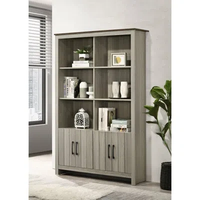 Hanni 47 - Inch Gray Oak Bookcase Shelf With 4 Cabinet Doors, 6 Shelving Spots, Fixed Shelves, Graceful Wa