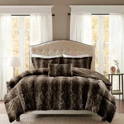 Hanni 4pc Faux Fur Comforter Ensemble, Dark Brown, Filling, Comprises Comforter, 2 Shams And 1 Pillow Brow