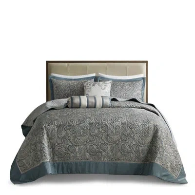 Hanni 5 Piece Bedspread - Queen Size, Teal Throw Pillows Included 100% , Cotton Fill Charming Vermicelli Q In Gray