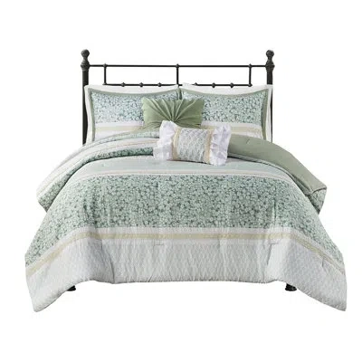 Hanni 5 Piece Comforter Full - Seersucker Microfiber Chic Look Floral/botanical Prints 2 Decorative Throw  In Green
