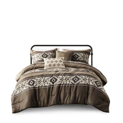 Hanni 5 Piece Comforter With Throw Pillows, Full, Herringbone Stripe Brown. Made Of , Filling, Machine Was