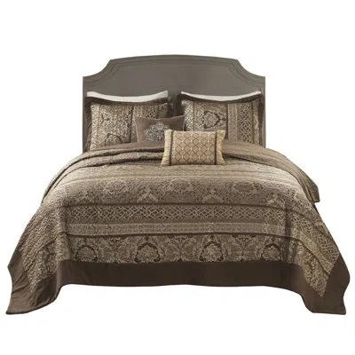 Hanni 5 Piece Reversible Bedspread For Bed. Brown/gold. Comprises Bedspread, 2 Shams, And Throw Pillows. M In Brown+gold