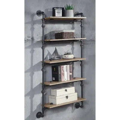 Hanni 5 Tier Oak Wall Shelf With Metal Frame, Water Pipe Style, Floating For Office Storage And Decor, 9"w