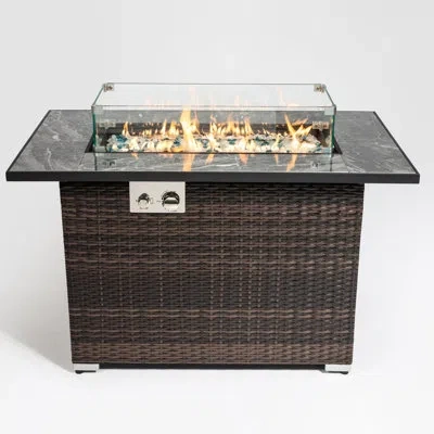 Hanni 50000btu Fire Table With Ceramic Top, 44inch Outdoor Pit, Rectangular , Lid, Rain Cover, Glittering  In Brown