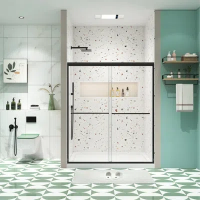 Hanni 56 - 60" X 70" Bypass Shower Door, 1/4" Tempered Clear Glass, Polished Finish, With Easy Clean And L In Black