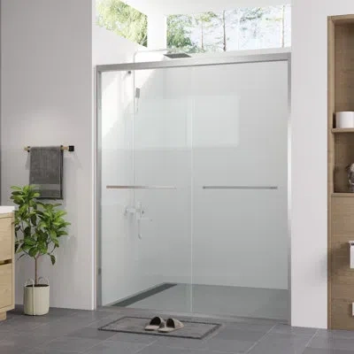 Hanni 56 - 60"x74" Double Sliding Shower Door With Black Hardware, Chamfer Edged Glass, Reversible Install In Brushed Nickel
