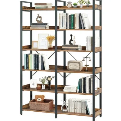 Hanni 6 Industrial 67" Book Shelves, Freestanding Metal Frame, Open Bedroom, Living Room, Home Office, Bro In Black+brown
