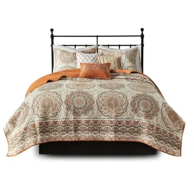 Hanni 6 Piece Bedroom , Orange And Taupe Floral, Microfiber Quilt, Decorative Pillows Quilt With Theme, Ac