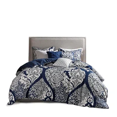 Hanni 6 Piece Duvet Cover, Wonderful Printed Intricacy, Machine Washable In Navy,white