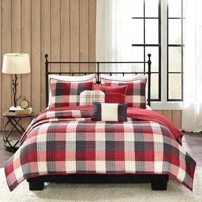 Hanni 6 Piece Herringbone Quilt , Neutral Colorway, Buffalo Plaid Design, Hand-stitched Pillow With Accent In Red