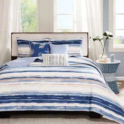 Hanni 6 Piece Quilt In Blue - Full/queen. Serene Watercolor Stripe Pattern. Microfiber Material For Comfor