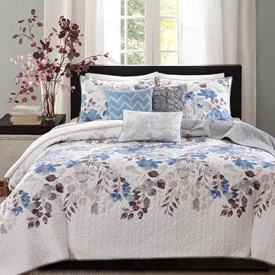 Hanni 6 Piece Reversible Quilt In Blue , Transitional Watercolor Floral, Vermicelli Quilting, Soft Fabric, In Multi