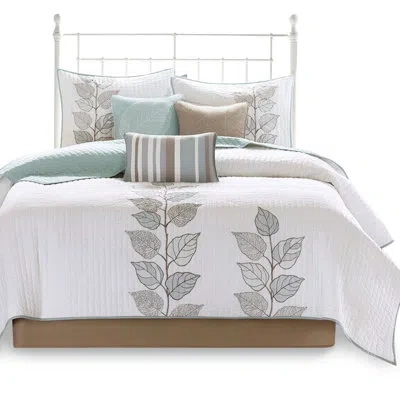 Hanni 6 Piece Reversible Quilt With Embroidery, Blue/white, Full/queen, Microfiber , Wrinkle- Fabric Blue  In Multi