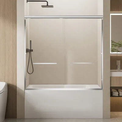 Hanni 60 Wide X 57 High Aluminum Frame Double Sliding Bathtub Door, 1/4 Clear Tempered Glass, Soft-close F
