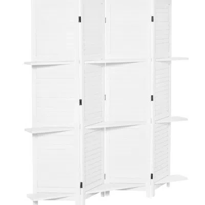 Hanni 67" Tall 4 Panel Wood Privacy Screen With Folding Storage, 3 Display Shelves For Home/bedroom, White