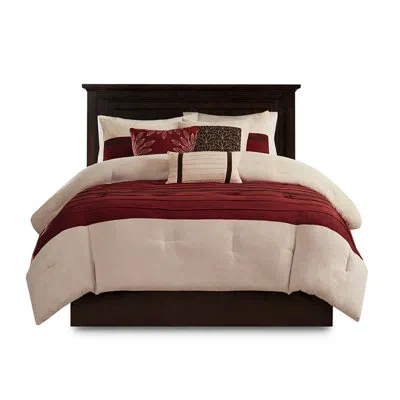 Hanni 7 Pc Faux Suede Comforter King - Red Soft Comfort Embroidery Details Machine Washable 2 Shams + 3 Pi