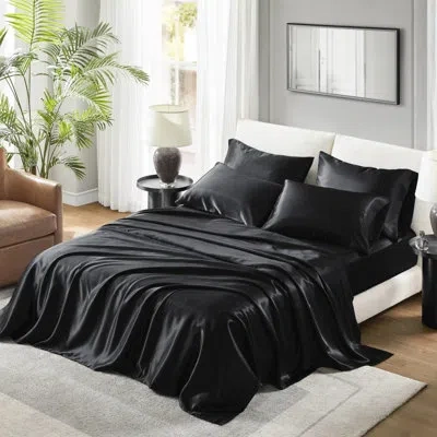 Hanni 7 Pcs Split King Luxury Black Satin Sheet , Smooth Surface, Reduces Breakage, - , 1 Flat Sheet, 2 Fi