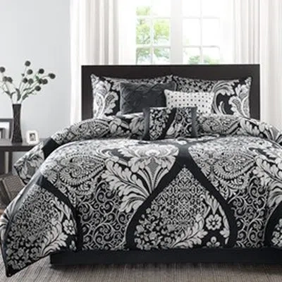 Hanni 7 Piece Comforter - Queen, Black. Cotton Printed Intricate Design. Filling. Includes 1 Comforter, 2 