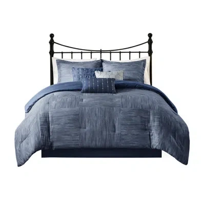 Hanni 7 Piece King Bedding - Navy Printed Seersucker, , Fluffable Comforter Steam Iron For Wrinkle- In Blue
