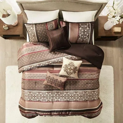 Hanni 7 Piece King Comforter Red - Geometric Print And Comfortable Fabric 7 Bedding In Brown