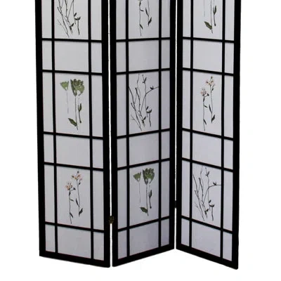 Hanni 70" Tall "" 3 Room Folding Screen, Black, Asian Fashion, Solid Pine, Floral Print Panels, Foldable D
