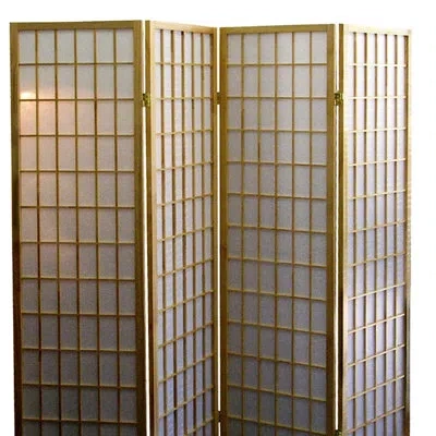 Hanni 70" Tall Room Divider 4, Japanese Inspired Natural Wood. Define Privacy Zone. 4 Paper Panels. Folds  In Ỷellow