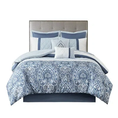 Hanni 8 Comforter , Blue , Filling, 2 Decorative Pillows, 1 Pillow, Washable 8 Pieces, Print With Embroide