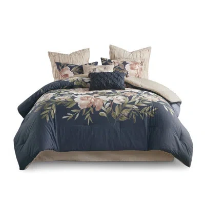 Hanni 8 Piece Comforter King Navy - Look 2 Decorative Pillows, Shams & Bed Skirt Blue With Floral Pattern 