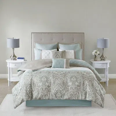 Hanni 8 Piece Comforter - Print Filling And 1 Square Pillow For Bed Machine Washable Euro Shams In Seafoam