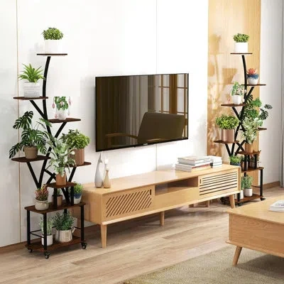 Hanni 8 Tiered 64" Tall Lighted Indoor Plant Stand, Large Metal Shelf For Multiple Plants, Prudent Walnut  In Walnut+black