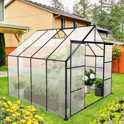 Hanni 8x6ft Outdoor Greenhouse With Drainage System - Black, Aluminium Frame, All Weather Door Polycarbona