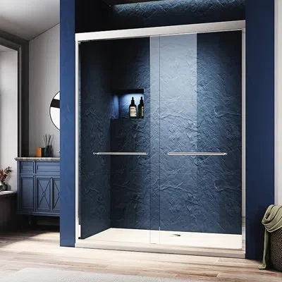 Hanni Adjustable Semi - Sliding Shower Glass Door 72 H, Thick Tempered Glass, 304 Stainless Steel Handles 